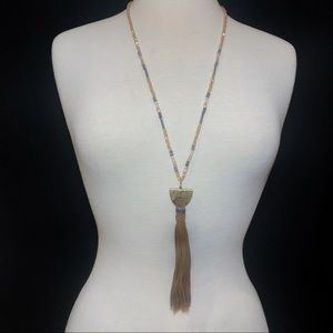 Brown Suede Glass Beaded Long Tassel Necklace